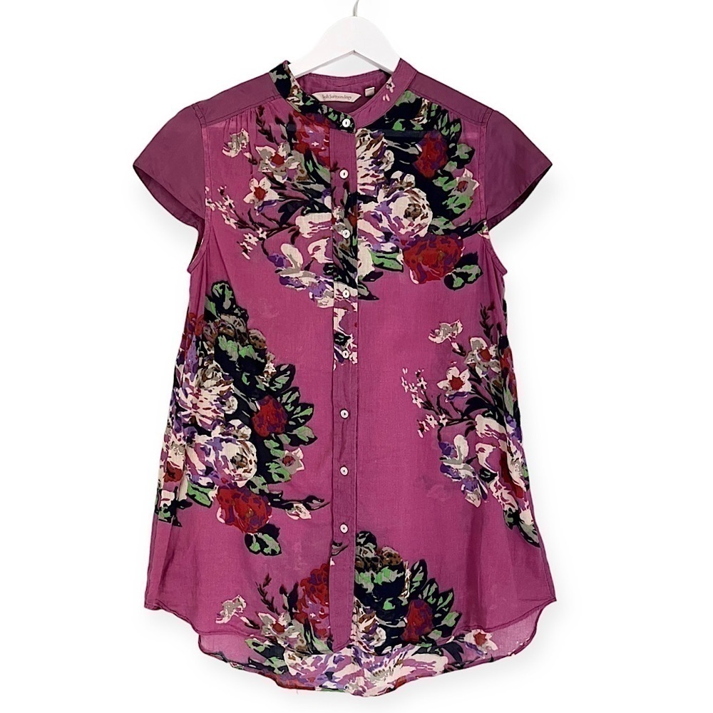Soft Surroundings Silk Blend‎ Cap Sleeve Floral Button Front Top Pink Small